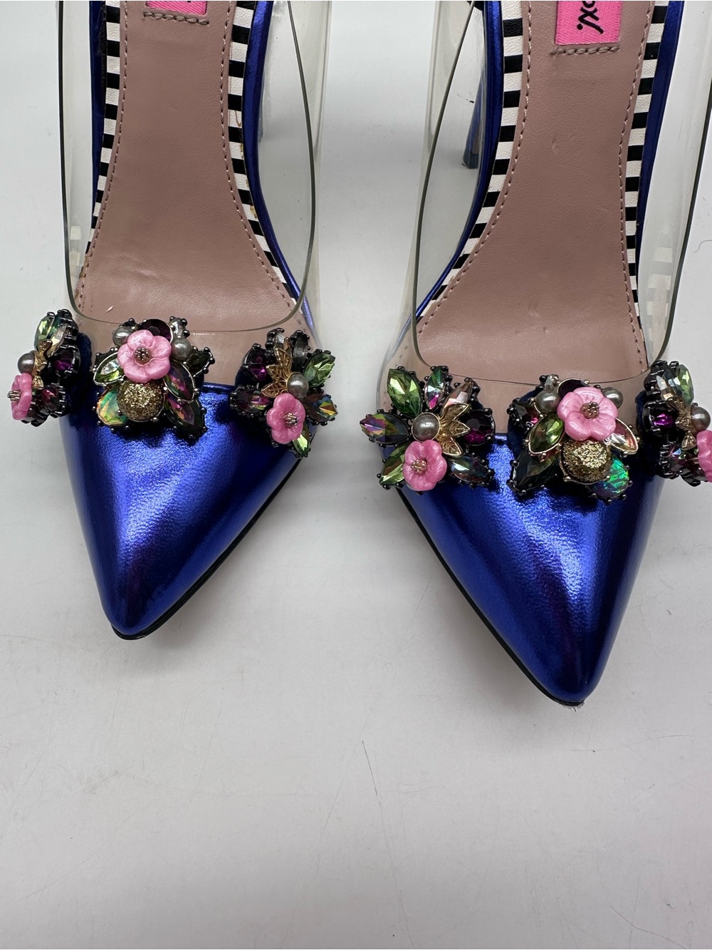 Betsey Johnson Metallic Royal Blue Pointed Toe Pumps with Floral Jewels - Picture 8 of 13